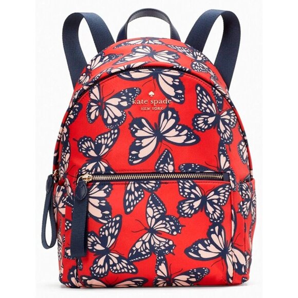S Kate Spade Chelsea Nylon Medium Backpack Red Navy Butterflies KB591 NWT $299 - Picture 1 of 10